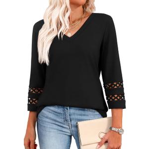 XIEERDUO 3/4 Length Sleeve Womens Tops Dressy Casual Blouses for Women 2025 Trendy V Neck T Shirts Summer Clothes (XL, Black)