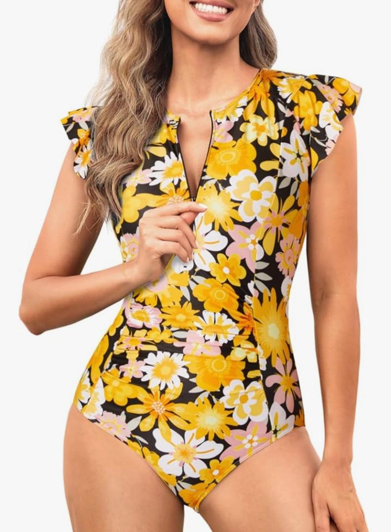 Tempt Me One Piece Swimsuits for Women Zip Front Rash Guard Short Sleeve Tummy Control Surfing Sport Bathing Suits, Medium Size