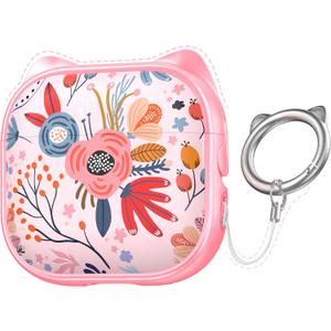 RFUNGUANGO AirPods 4 Case for Women Girly Cat Case with Lock, Phone Stand,Keychain & Cleaner Kit, Compatible with Apple Airpods 4th Generation Case Cover, Pink Berry Flower