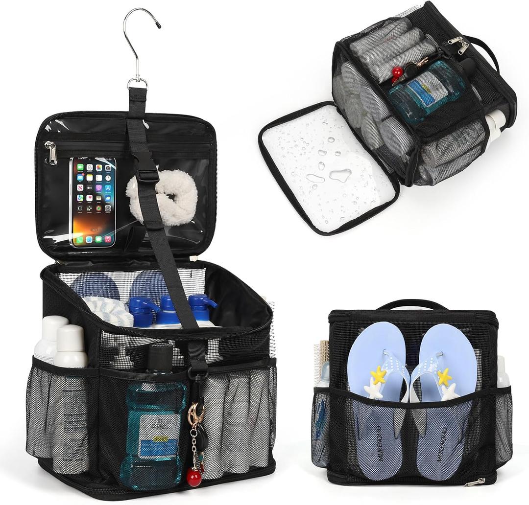 CUBETASTIC Shower Caddy Portable Mesh Shower Tote for Bathroom, Gym, Travel, Camping - Quick Dry Hanging Organizer Toiletry Bag with Handle for College Dorm Room, Men & Women (A# Black, 9.8") (Large10.6"L  7.0"W  11.4"H)