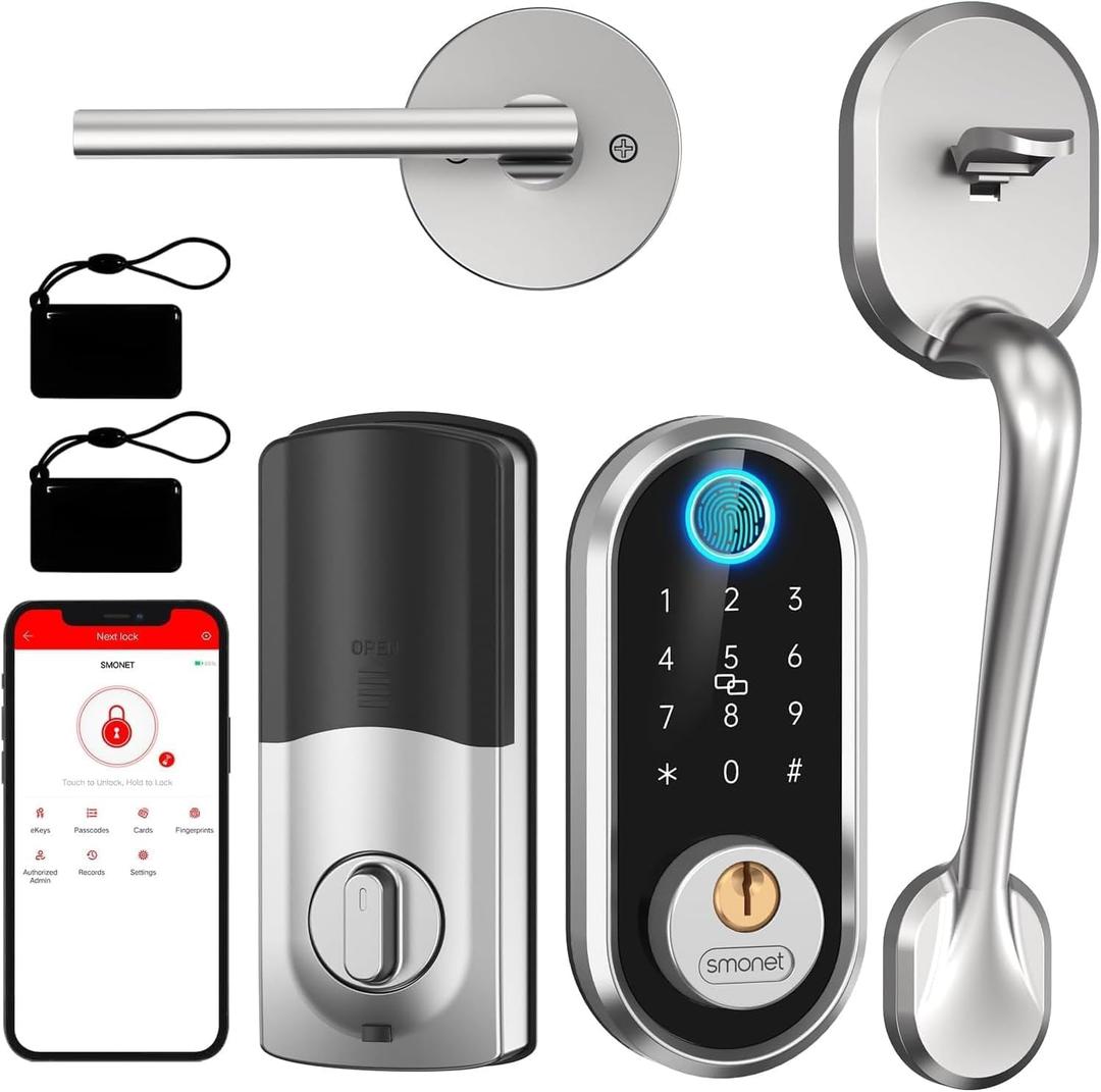 Keyless Entry Door Lock Handle: SMONET Smart Front Door Lock Set Alexa Deadbolt Locks with Handle Bluetooth Electronic Digital Keypad with APP Voice Control Keyfob Auto for Home (Silver)