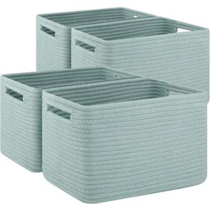 4 Pack Storage Baskets for Organizing Toys, Towels, and Clothes, Woven Basket for Shelves, Sturdy Nursery Cube Bins for Storage, 13''L x9''W x7.8''H, Frosty Green