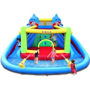 Causeair Inflatable Bounce House with Slide,Dolphin Styling,Splashing Pool,Double Water Cannon,Climbing Wall,Heavy Duty GFCI Blower,Inflatable Water Park Slide for Kids Backyard Summer