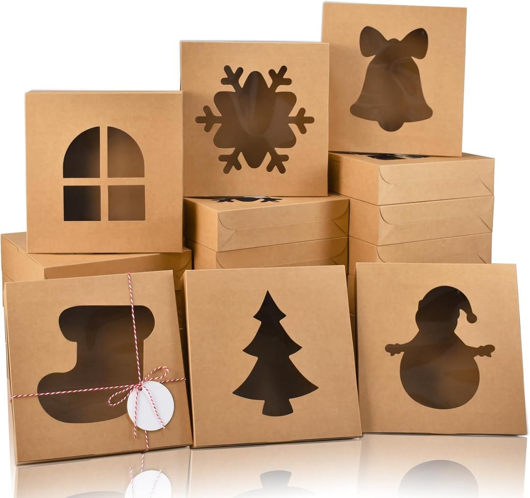 COTOPHER 18Pcs Christmas Cookie Boxes with Window, 10x10x2.5 inch Brown Bakery Boxes for Gift Giving, Kraft Treat Boxes Dessert Boxes for Cakes Donuts Chocolate Strawberries Pastries Muffins
