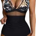 SUUKSESS Women Sexy Mesh Tummy Control Swimsuit Push Up High Waisted Bathing Suit (Medium, 10 Black-pink Floral)