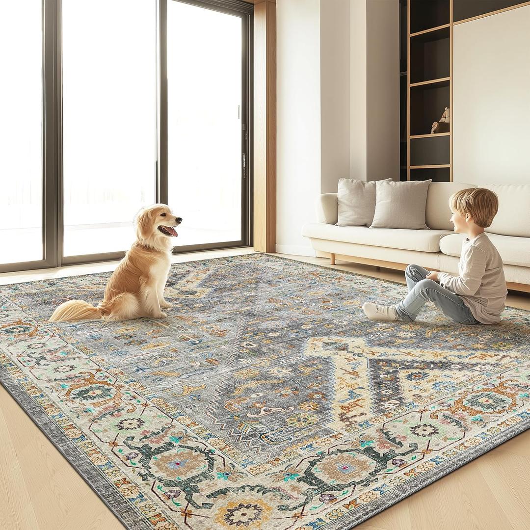 Boho Vintage Area Rug, 4x6 Washable Retro Bohemian Moroccan Accent Neutral Large Rugs, Ultra Thin Low Pile Lightweight Indoor Nonshedding Nonslip Floor Carpet for Living Room Bedroom Kidsroom Office (Grey / Beige)