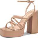 ISNOM Platform Chunky Heels for Women, Block Heel Sandals with Open Square Toe and Ankle Strap, Size 8