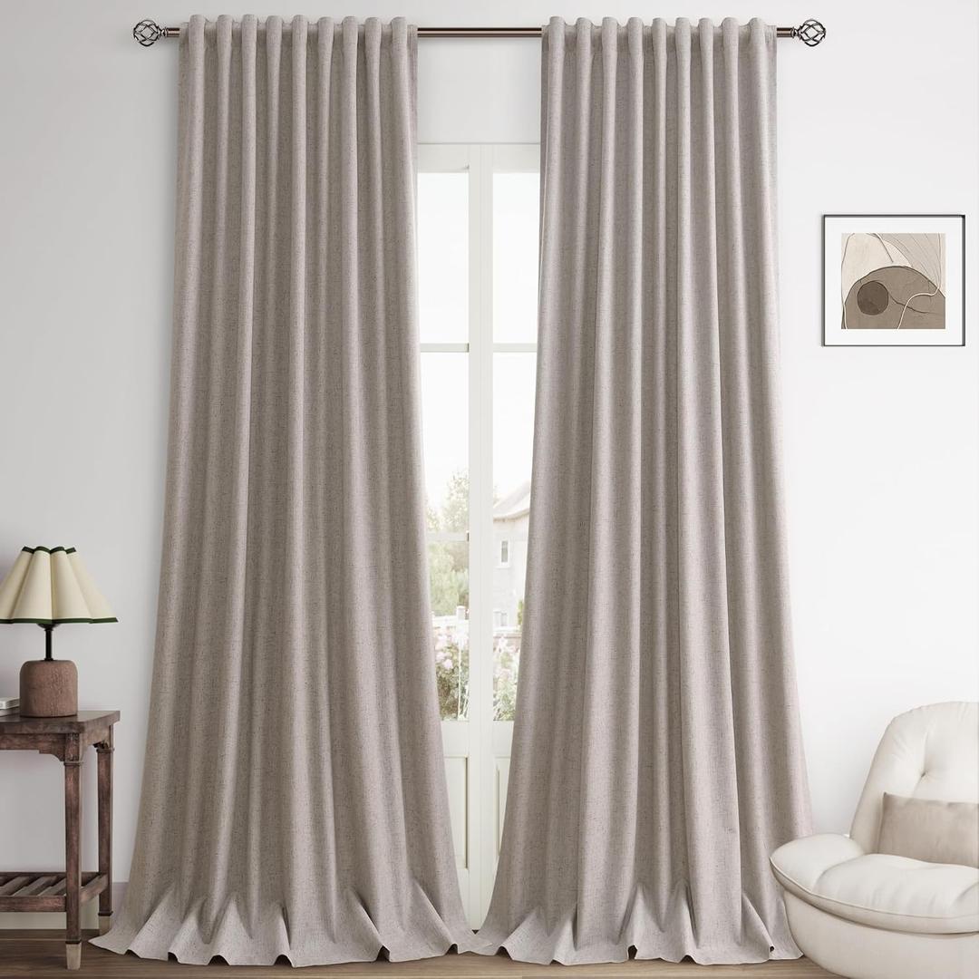 Hokibero Brownish Grey Linen Blackout Curtains 96 Inches Long for Bedroom Thermal Insulated Blackout Linen Drapes Rod Pocket/Back Tab Room Darkening Full Light Blocking Curtains 52x96