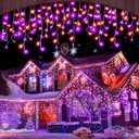 Halloween Icicle Lights Outdoor, 512 LED 46.5 FT 8 Lighting Modes with Timer & Memory, Curtain Fairy String Lights With 96 Drops for Halloween Decorations Holiday Party Eaves Yard (Purple & Orange)
