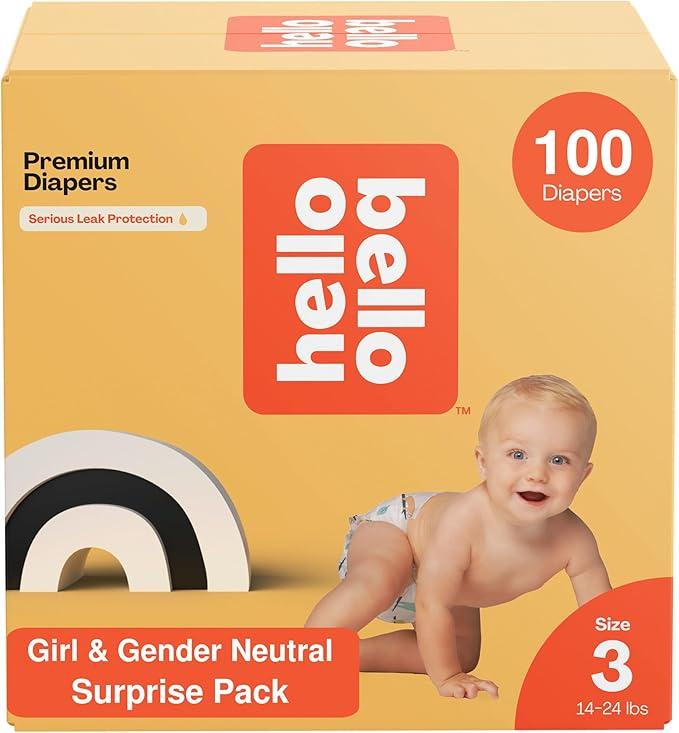 Hello Bello Premium Diapers, Size 3 (14-24 lbs) Surprise Pack for Girls - 100 Count, Hypoallergenic with Soft, Cloth-Like Feel - Assorted Girl & Gender Neutral Patterns Girl/Neutral (Assorted Style)