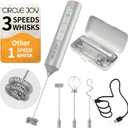 CIRCLE JOY Rechargeable Handheld Milk Frother Wand with 3 Variable Speeds, 3 Whisks and Storage Box, Electric Drink Mixer for Latte, Cappuccino, Hot Chocolate, Eggs and Protein Powder, Silver