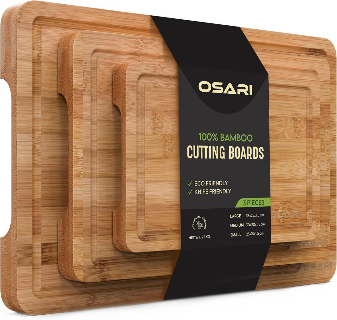 Bamboo Cutting Boards Set of 3 - Sustainable Kitchen Boards with Juice Grooves & Built-In Handles, Knife-Friendly for Charcuterie, Serving & Meal Prep