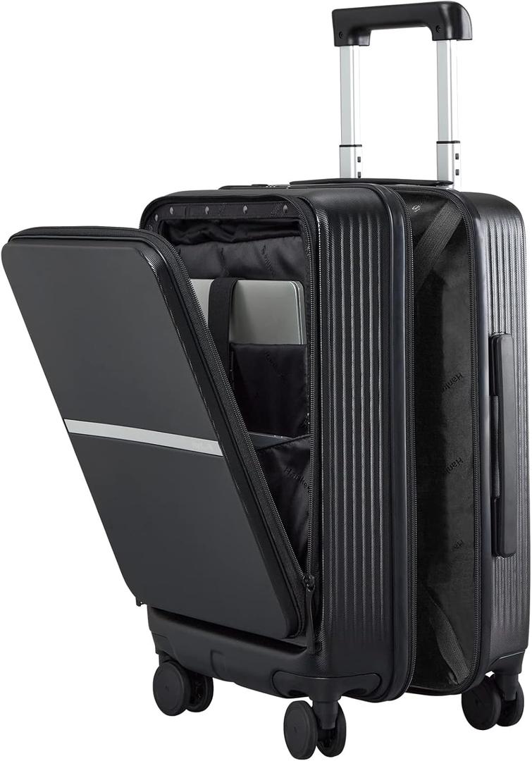 Hanke 20 Inch Carry On Luggage Airline Approved Hard Shell Suitcases with Wheels & Front Pocket Travel Luggage Lightweight Carry On Suitcase for Travel Rolling Luggage(Black)