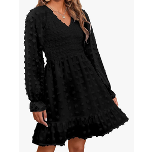 BTFBM Long Sleeve Fall Dresses for Women 2025 Casual V Neck Swiss Dot Smocked Ruffle Chiffon Summer Flowy Mini Dress, Size Small