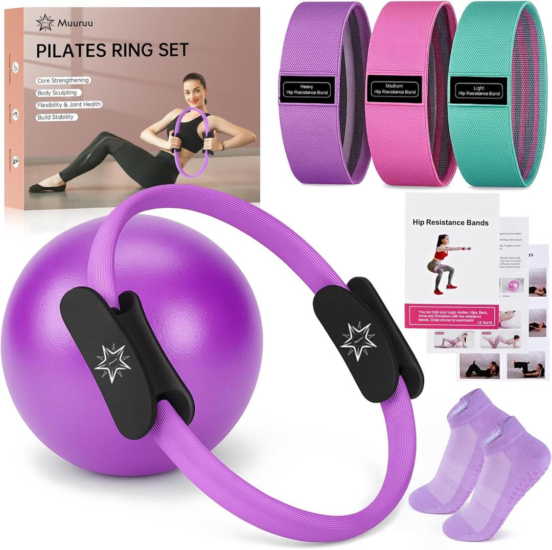 Pilates Essentials Kit for Home Women, Ring and Ball Set, Pilates Equipment for Workouts, 3 Resistance Bands, Grip Socks, 14 Inch Magic Circle, Mini Exercise Ball, Great Exercise Equipment (Purple)
