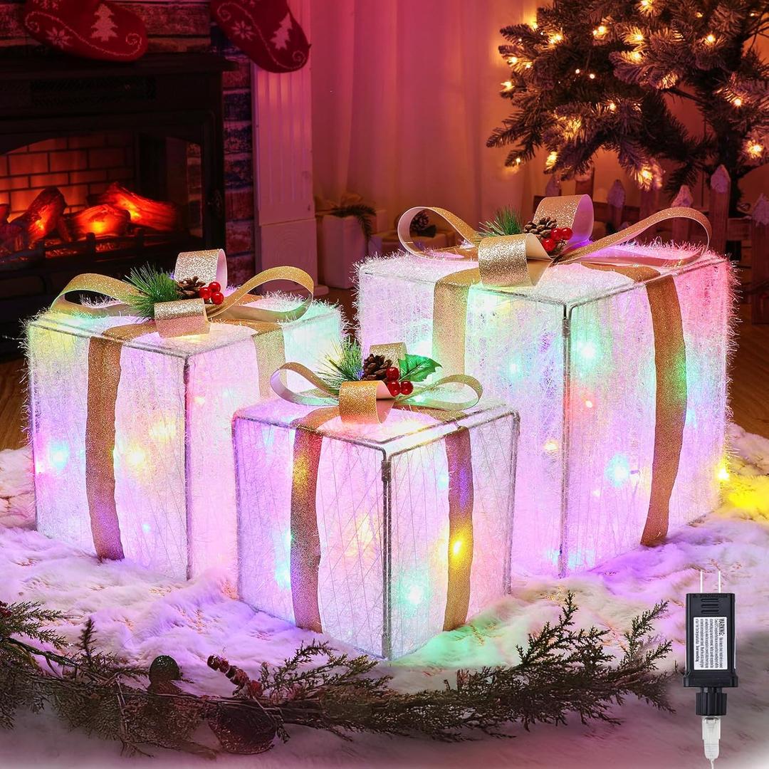 Set of 3 Christmas Decorations Lighted Gift Boxes with Bows12" 10" 8" with 60 Pre-Lit Mini String LightsFoldable LED Xmas Present Boxes for Tree Indoor Outdoor Holiday Party Yard Home Decor