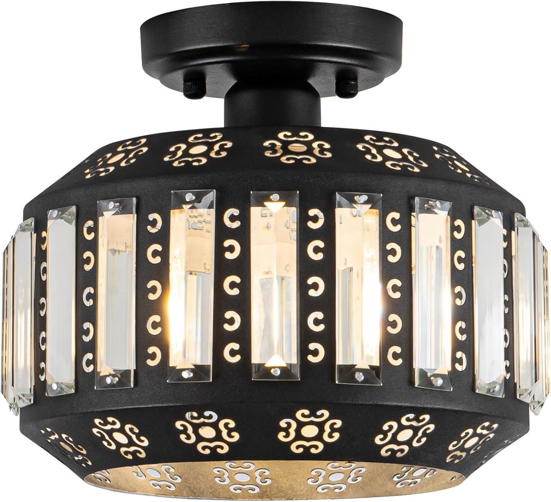 Semi Flush Mount Ceiling Light, Black Metal Frame with Crystal Shade, Modern Farmhouse Flush Mount Light Fixture for Hallway, Bedroom, Kitchen, Entryway