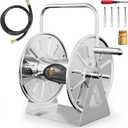 Stainless Steel Garden Hose Reel, Outdoor Metal Wall Mount/Floor Spool, Holds 75ft of 5/8 Inch Capacity, with 7ft Leader Water Pipe, 3/4 Brass Connector for Outside, Yard, Patio (Silver)