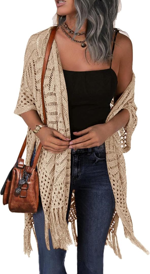 HOTOUCH Womens Knit Cardigan Open Front Outwear Hollow Out Crochet Tassel Lightweight Kimonos Sweater,Size: Large
