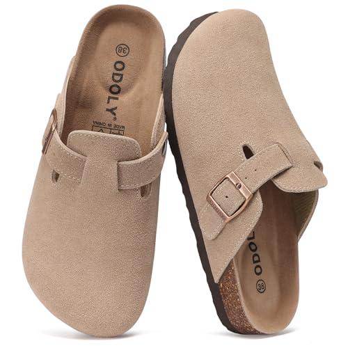 Genuine Suede Clogs for Women Men Soft Cork Footbed Leather Mules Comfort Potato Shoes with Arch Support, Taupe 48