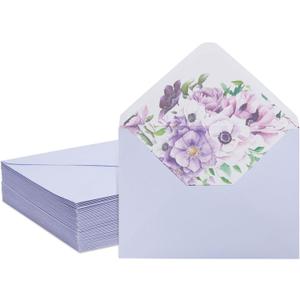 50 Pack A7 Envelopes with Floral Liner for 5x7 Invitations, Greeting Cards, Weddings (7.25 x 5.25 In) - Lavender Purple