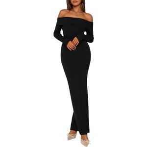 PRETTYGARDEN Womens Fall Sweater Dress 2026 Long Sleeve Off Shoulder Slit Maxi Bodycon Cocktail Party Dresses Spring Fashion (XX-Large, Black)