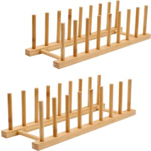2PC Bamboo Wooden Dish Drying Rack, 8-Slot Plate Rack Cabinet Dish Stand Organizer for Kitchen Counter, Drainer Storage Holder for Bowl/Cup/Lid/Cutting Board/Book, Space-Saving Design
