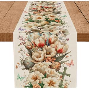 Easter Table Runner Butterfly Flowers Eggs Runners Table Decorations Holiday Spring Kitchen Dining Home Party Supply 13x72 Inch