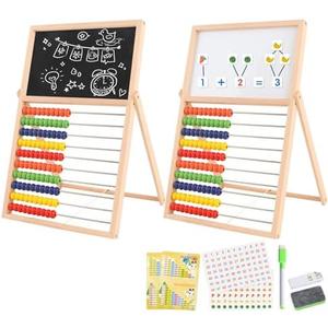 Ranqibo Wooden Abacus for Kids Math - Double-Sided Blackboard Whiteboard Magnetic Abacus for Toddlers 1-3 with 100 Magnetic Number & Fruit Stickers - Educational Counting Games Kids Gift