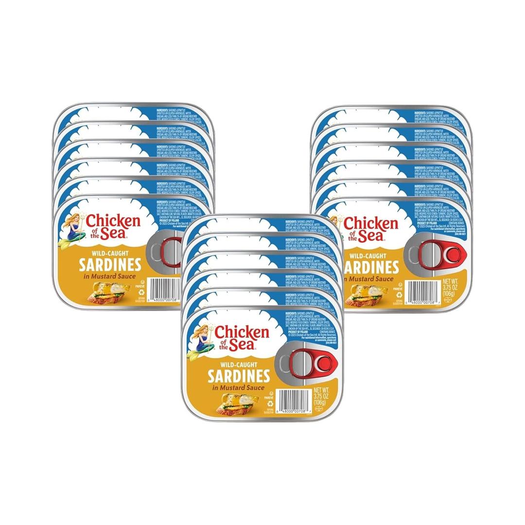 Chicken of the Sea Wild Caught Sardines in Mustard Sauce, 3.75 oz Cans, 18-Count High Protein Nutritional Powerhouse Canned Sardines Perfect in Any Dish or as Ready to Eat Meals (EXP 02/06/29)