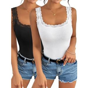 Ibeauti 2 Pack Lace Camisole Tank Tops for Women Sleeveless Summer Going Out Tops Ribbed Cami Undershirts Size M