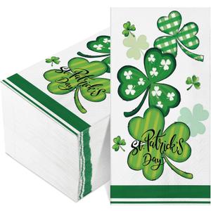 Outus 100 Pcs St. Patrick's Day Paper Napkins Shamrock Dinner Disposable Napkins Green White Clover Guest Paper Hand Towels for Saint Patrick Irish Party Bathroom Tableware Supplies, 4.3 x 7.9 Inch