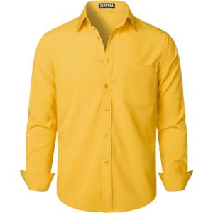 ZEROYAA Men's Regular Fit Dress Shirt Solid Wrinkle-Free Long Sleeve Casual Business Button Up Shirts with Pocket (X-Large, Yellow)