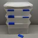 IRIS USA File Box, WeatherPro File Organizer for Letter/Legal File, Water Resistant Document Box, Plastic Gasket File Box With Tight Latch and Seal, Stackable Nestable, Clear/Blue 32 Qt. 3 Pack