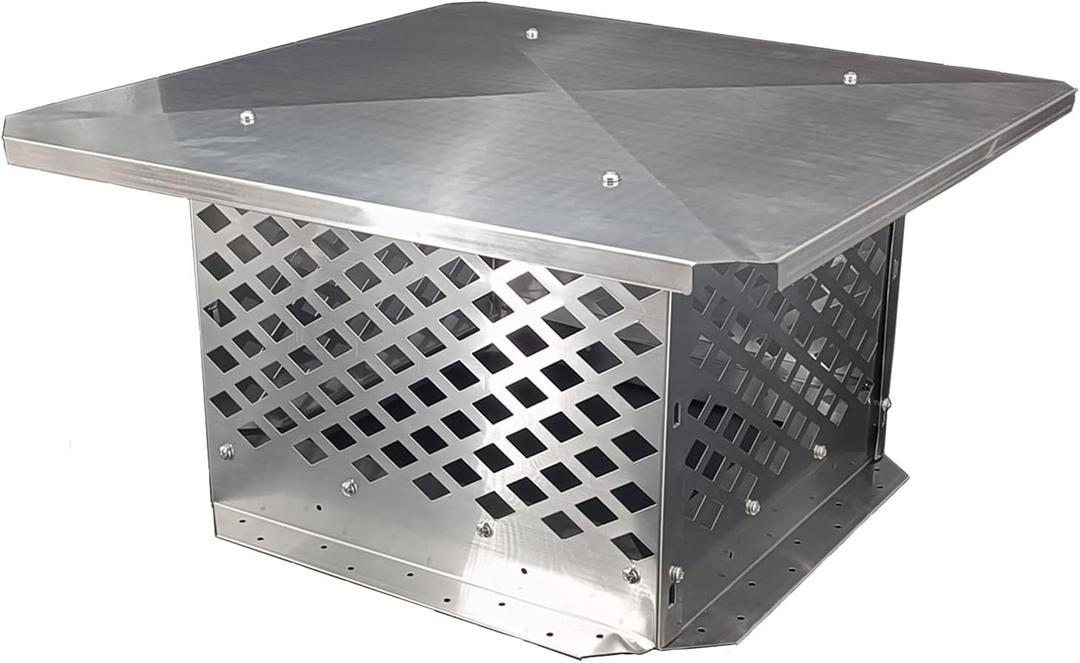 Chimney Cap, 13" x 13" Chimney Cover, Bottom Installation Method Adjustable to Fit Outside Existing Clay Flue Tile Dimensions 11" x 11" to 15.4" x 15.4", All Stainless Steel Structure