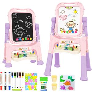 Amagoing Easel for Kids, Adjustable Standing Art Easel for Toddler, Double Magnetic Drawing Board with Painting Accessories, Birthday Christmas Gift for Little Boys Girls, Middle Size (Purple Pink)