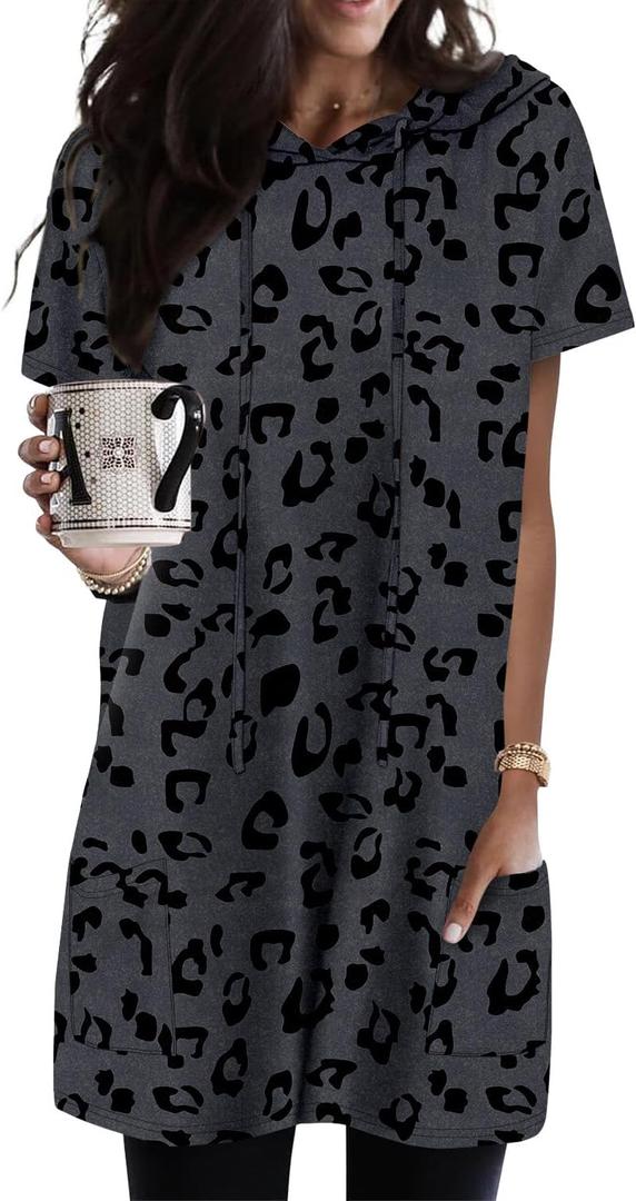 KISSMODA Woman Lightweight Dress with Hood Short Sleeve Summer Loose Pullovers with Pockets Long Tunics Top for Leggings (Medium, B-grayleopard)