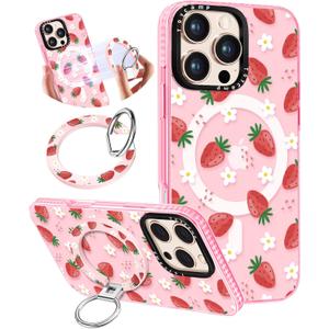 Toycamp for iPhone 16 Pro Case Compatible with Magsafe - Cute Design 360 Magnetic Ring Holder Stand Kickstand Funny Strawberry Girly Pretty Fashion TPU Phone Covers for Women Tenn Girls