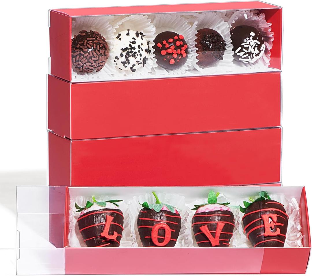 50Pack Red Chocolate Covered Strawberry Box for 4, Macaron boxes, Long Treat Box for Truffles, Cookies, Ores, Chocolate Cocoa Bombs&Cake Ball Bakery Packaging Supplies