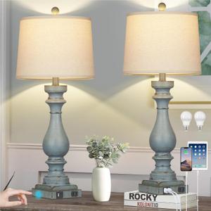 29" Tall Table Lamp for Living Room Set of 2,Coastal Bedside Nightstand Lamps with USB C+A Ports & AC Outlet,3-Way Dimmable Touch Control Retro Blue Desk Lamp for Bedroom,Color 3