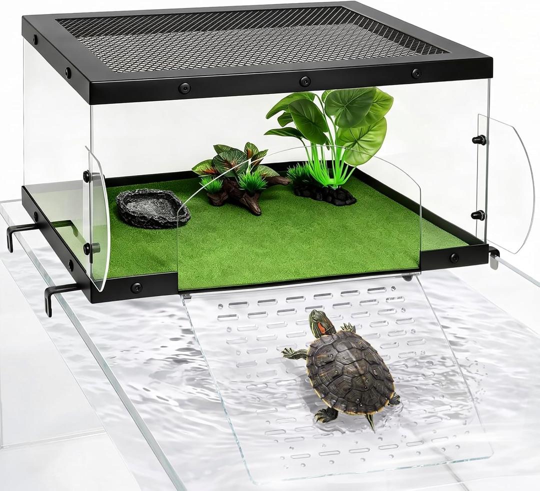 AZV Turtle Basking Platform with Kit,XLarge Turtle Topper Dock Acrylic Tank | Slip-Resistant Grooves Ramp,Escape-Proof for Red Eared Sliders,Yellow-Bellied Slider,Map Turtle,Fits 18''-24'' Wide Aquariums