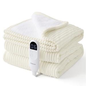 Bedsure GentleSoft Electric Blanket Twin - Soft Ribbed Flannel Heated Blanket, Heating with 10 Time Settings, 6 Heat Settings, and 8 hrs Timer Auto Shut Off, Gifts for Grandma (62"x84", Coconut White)