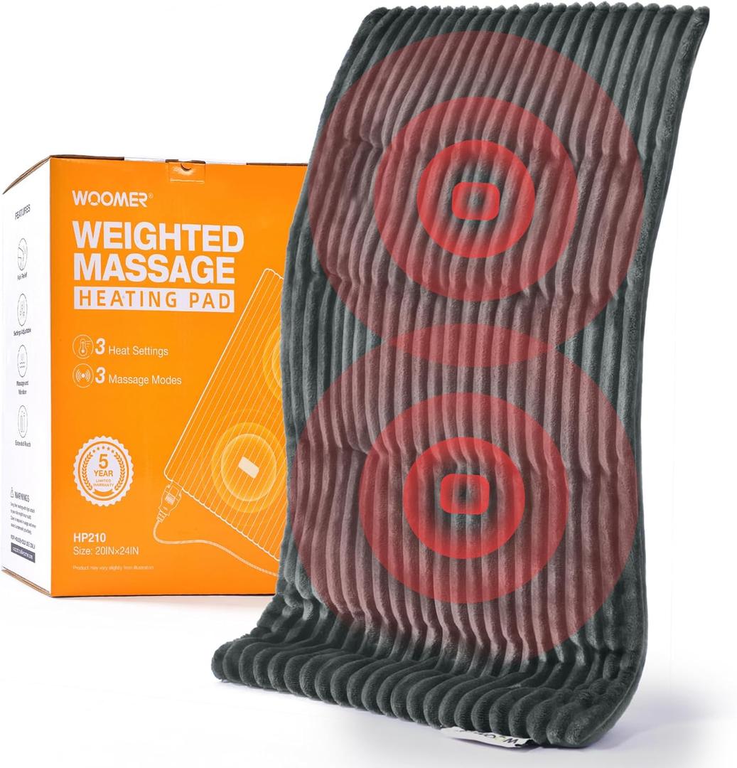 WOOMER Weighted Massage Electric Heating Pad for Back Pain, Neck and Shoulders Cramps Relief, 17x33, 3.7lb BPA-Free and Non-Toxic Beads, 4 Heat Settings, 4 Massage Modes, 2h Auto-Off (Grey)