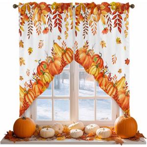 Thanksgiving Swag Curtain Valances,Pumpkin Autumn Leaves Rod Pocket Window Swag Topper Curtains,Fall Harvest Short Tier Valance for Kitchen Bedroom Bathroom Decor,2 Panel 36"x36" (Orange Red)