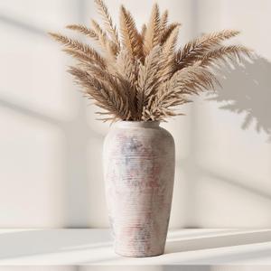 Rustic Distressed Ceramic Threaded Vase, 11" H Handmade Wabi Sabi Decor Vase (Antique Terracotta with Lime White & Distressed Black Patches) for Living Room Table Centerpieces, Entryway & Fireplace