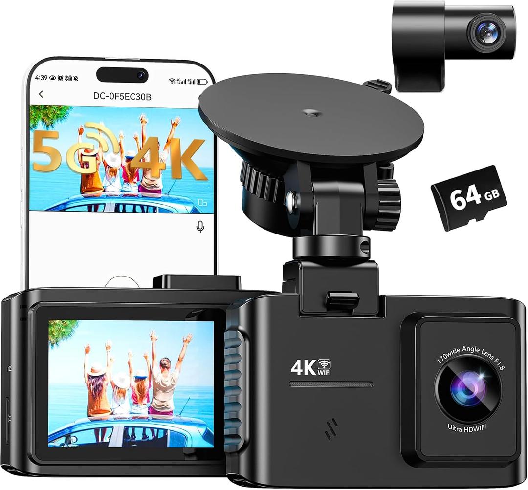 Dash Cam Front and Rear: 4K Dual Channel Dash Cam - 5GHz WiFi, Dash Camera for Cars with 64GB Card, 2.0" IPS Screen, App Control, G-Sensor, Loop Recording, 170 Wide Angle, Night Vision, Parking Mode