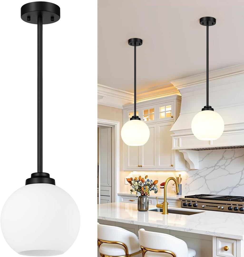 2 Pack 7.2-Inch Globe Pendant Lights, Mid Century Matte Black Pendant Light Fixtures, Globe Pendant Lights Kitchen Island with Milk Glass Shade Hanging Fixture for Dining Room Bulbs not Included