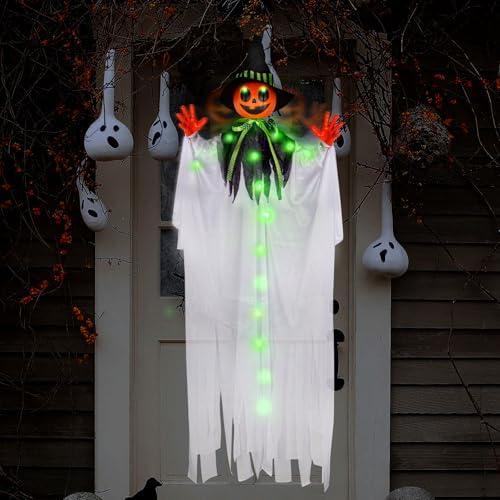 55 Halloween Hanging Animatronics Ghost Pumpkin with LED Lights, Sound & Motion Activated and Shaking Arms - Perfect for Halloween Haunted House Prop Dcor, Indoor/Outdoor Display, Lawn, Party 