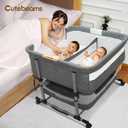 Twin Bassinet for 2 Babies, 3 in 1 Double Bassinet for Twins, Adjustable Height Rocking Bassinet for Baby with Wheels, Mosquito Net and Storage Basket, Airflow Mesh (Grey)
