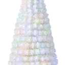 HAPPYGRILL 7FT Pre-lit Fiber Optic Christmas Tree, White Snow-Flocked Artificial Xmas Tree with 270 Branch Tips, 270 Multi-Color LED Lights, Top Star, Fake Holiday Tree for Party Office Home